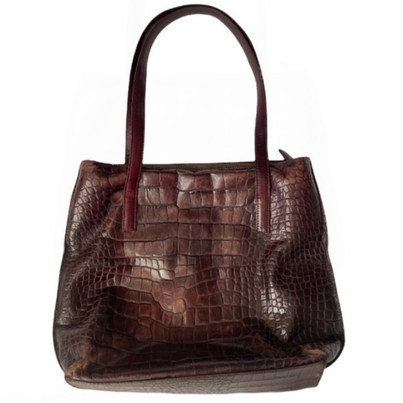 Vintage Brown Leather ( embossed like Crocodile ) Handbag with Plaid Interior - Picture 5 of 12